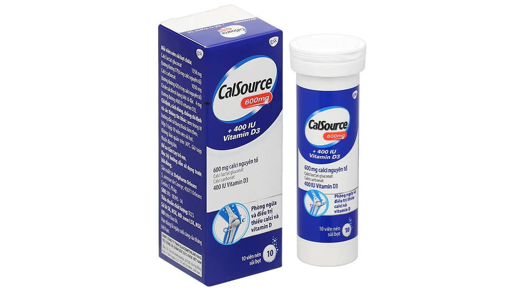 Viên nén sủi bọt CalSource Sandoz 600 + Vitamin D3 trị loãng xương tuýp 10 viên - 